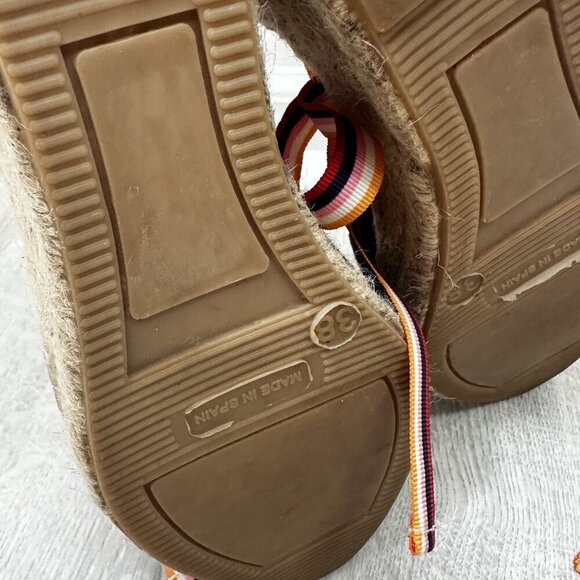 BODEN Cassie Navy Suede Wedge Espadrille Sandals Sz 38 Multistripe Ribbons Boho - Picture 8 of 10